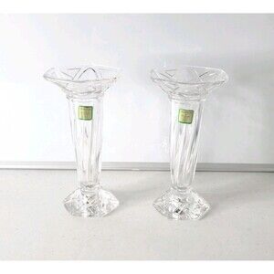 Marquis by Waterford Fine Cut Crystal Vase Candle Holder Germany 7" (Lot Of 2)